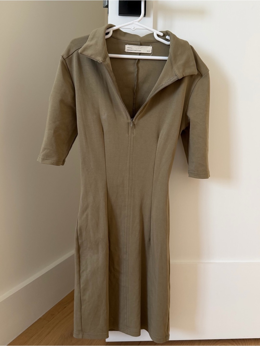 Oak + Fort Olive Green Midi Dress with Front Zip